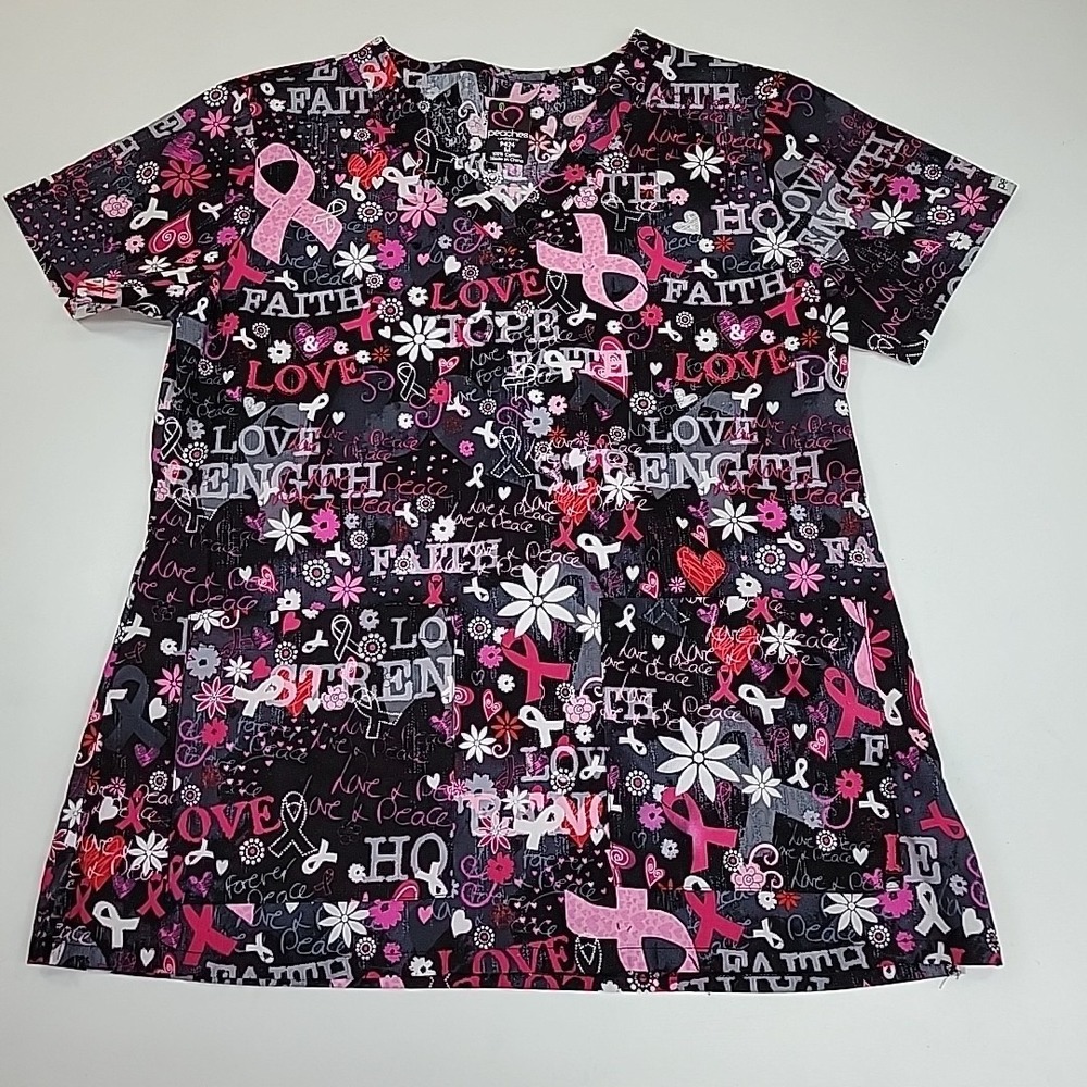 Peaches Uniform Breast Cancer Short Sleeve Scrub Top Sz M Clinic Wear Cotton